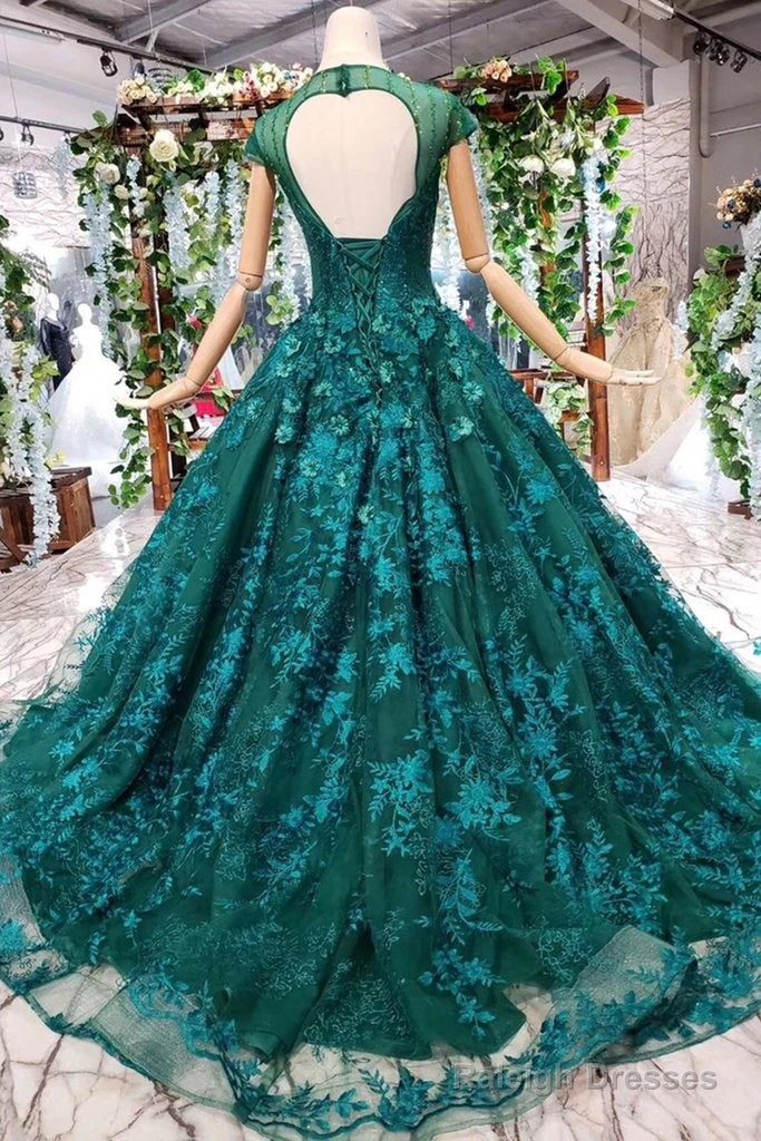 Cap Sleeves Round Neck Open Back Green Lace Prom Dress