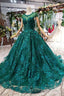 Cap Sleeves Round Neck Open Back Green Lace Prom Dress