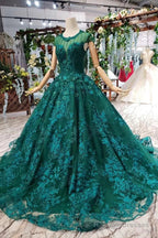 Cap Sleeves Round Neck Open Back Green Lace Prom Dresses