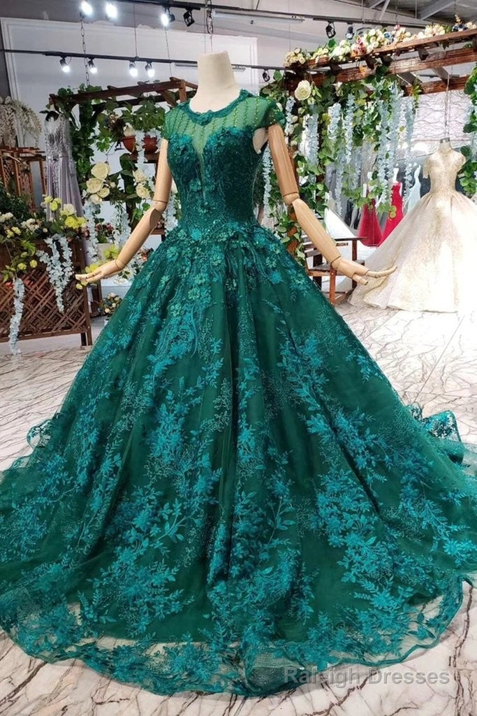 Cap Sleeves Round Neck Open Back Green Lace Prom Dresses