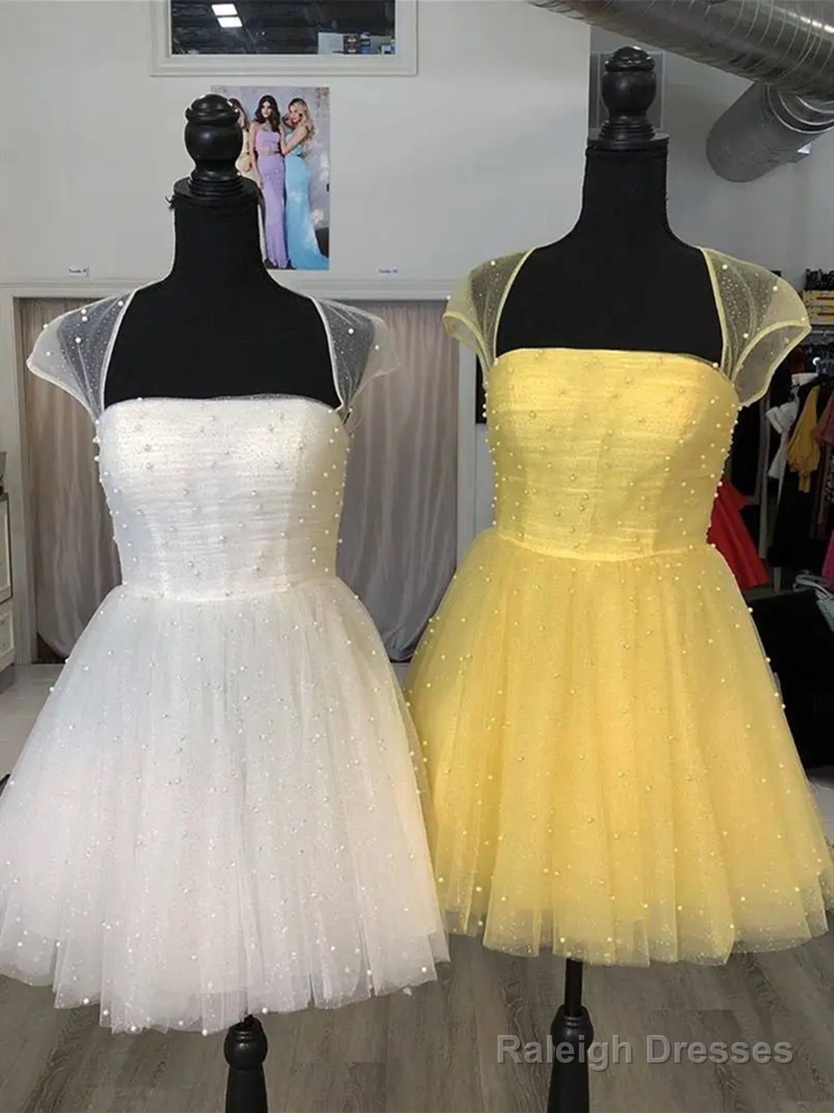 Cap Sleeves Short Beaded Prom Dresses, Short Blue White Yellow Graduation Homecoming Dresses