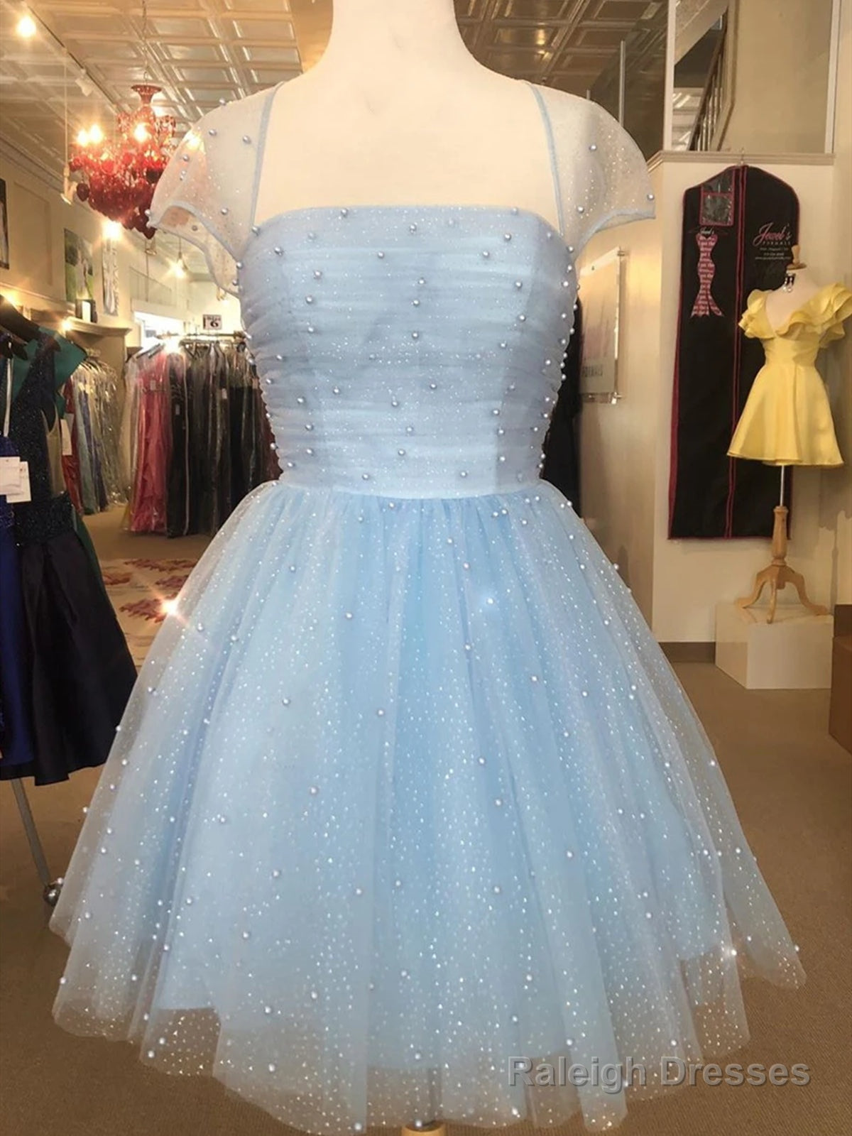 Cap Sleeves Short Beaded Prom Dress Short Blue White Yellow Graduation Homecoming Dress Main image