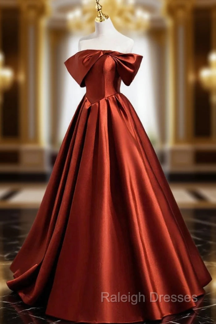 Caramel Floor Length Satin Formal Dress, Cute Off Shoulder A-line Evening Dress Main image