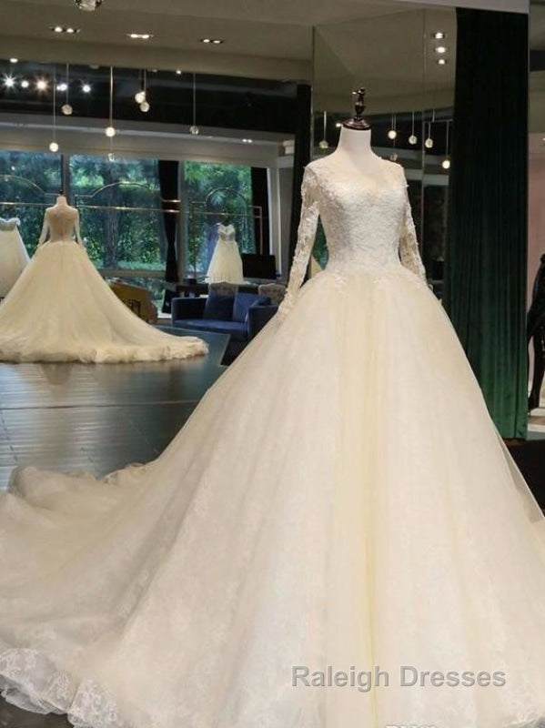 Cathedral Train Appliques Long Sleeve A Line Wedding Dresses