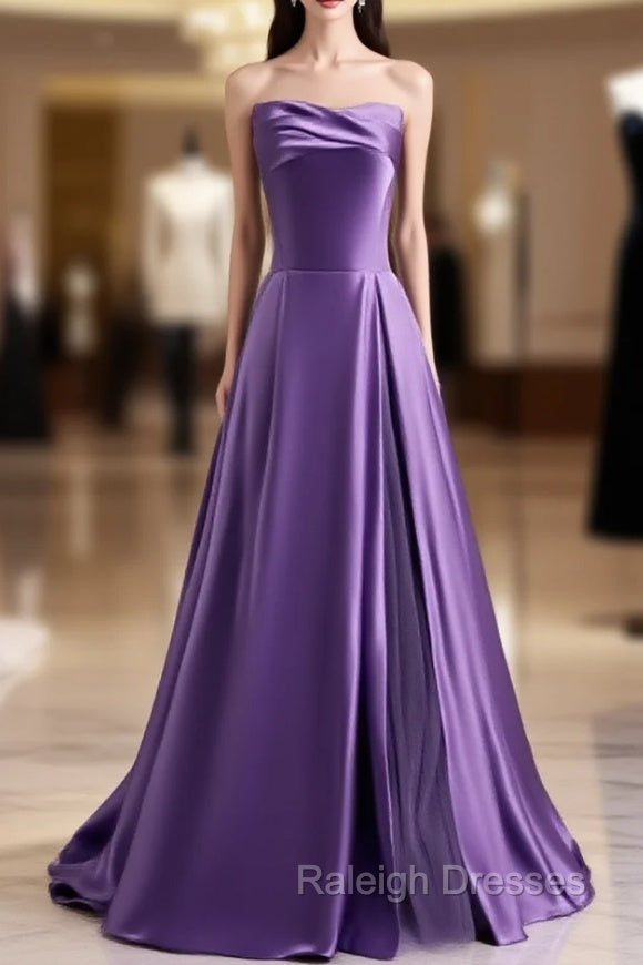 Causal Dark Purple Satin Strapless Prom Dress Main image