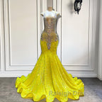 Yellow V Neck Sleeveless Mermaid Prom Dress Featuring Beadings and Sequins