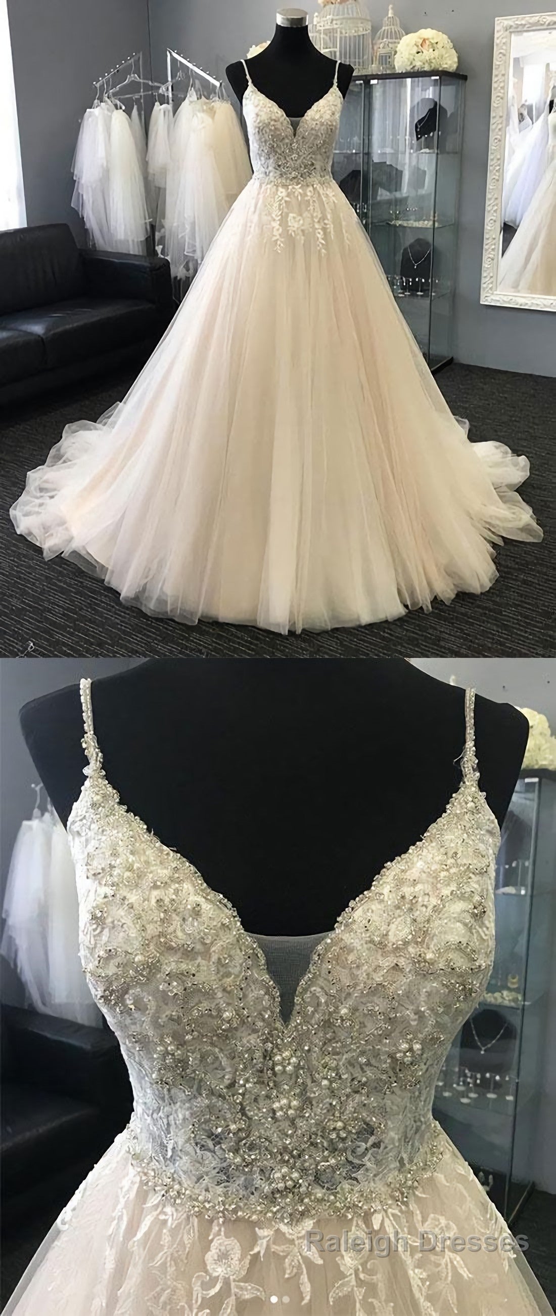 Light Champagne Tulle Lace Long Prom Dress, Champagne Prom Dress