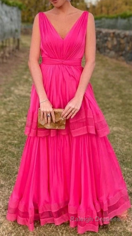 Hot Pink V Neck A Line Chiffon Two Layers Prom Dresses Long Prom Dresses Main image