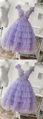 Purple Tulle Applique Short Homecoming Dress, Homecoming Dress