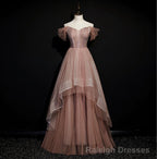 Dark Pink Tulle Beaded Layer Tulle Long Evening Dress, Charming Prom Dress