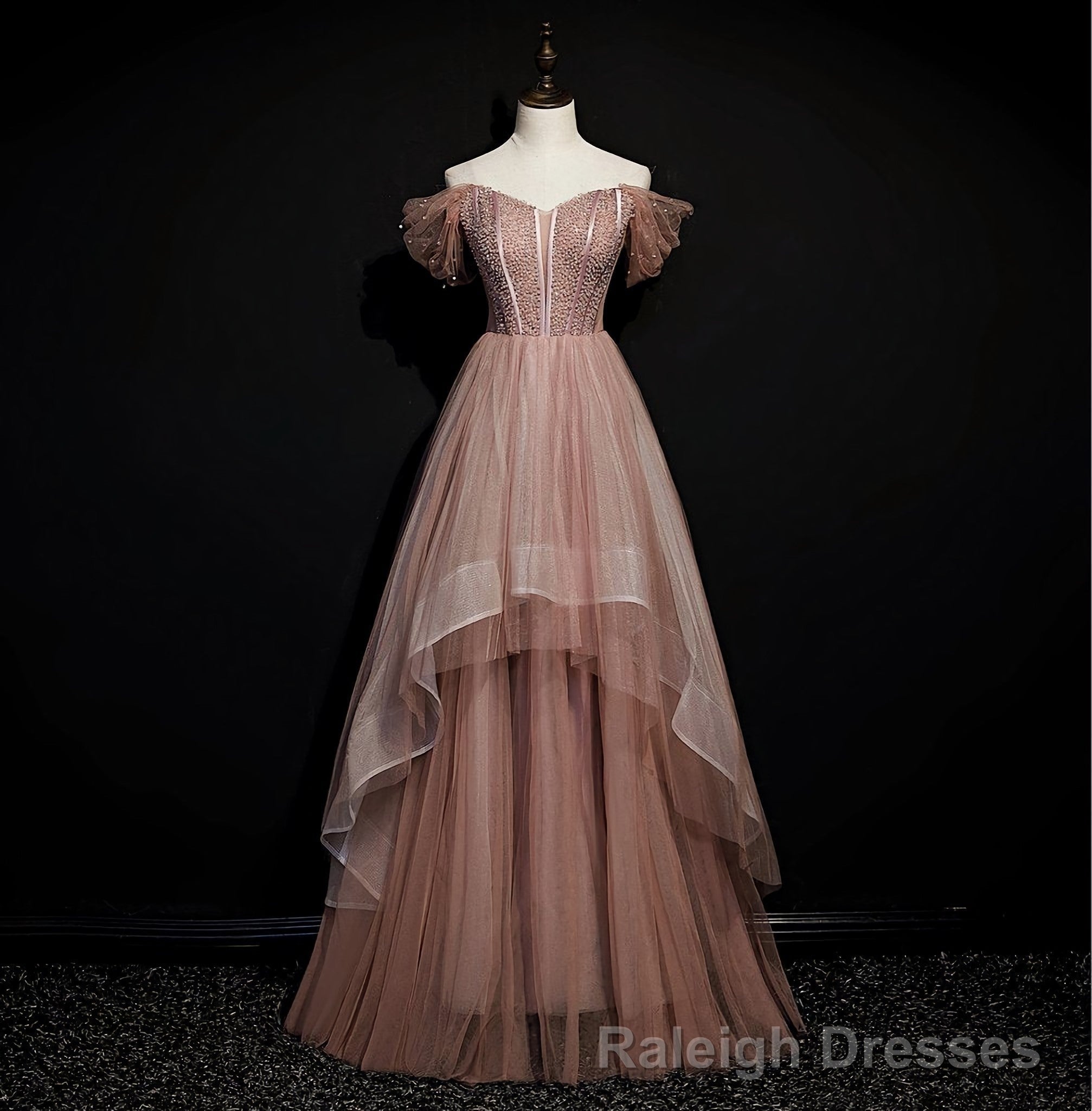 Dark Pink Tulle Beaded Layer Tulle Long Evening Dress, Charming Prom Dress