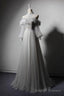 Gray Appliques Lace High Neck Prom Dress, Retro Long Sleeve Formal Dresses, Senior Tulle Prom Dresses
