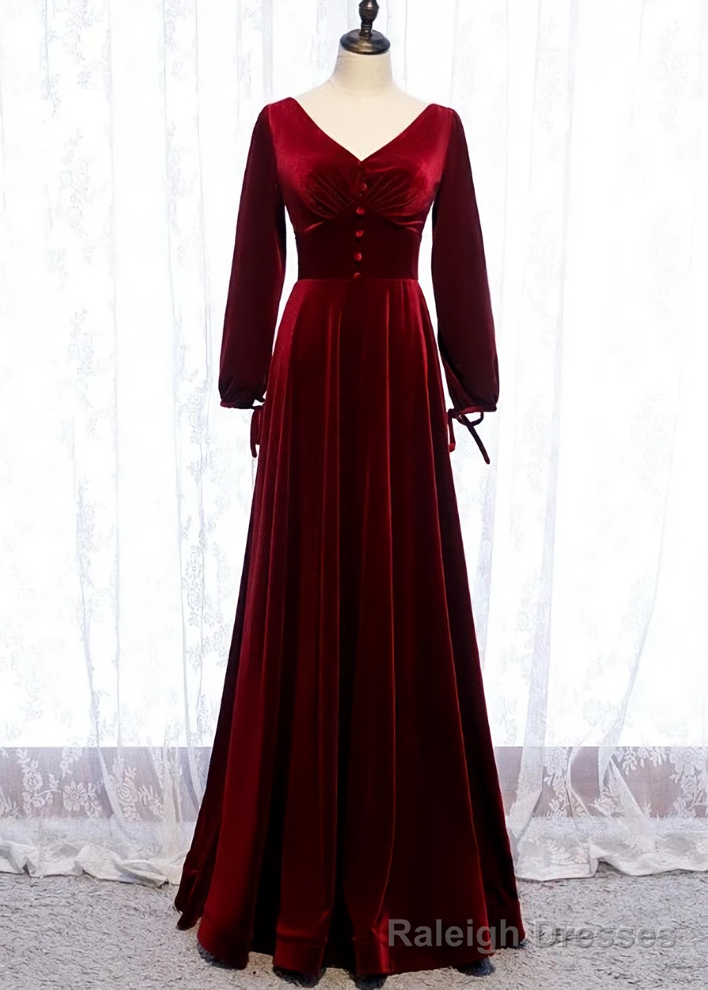 Charming Dark Red Velvet Long Sleeves A Line Party Dress, Party Prom Dress Main image