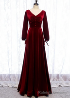Charming Dark Red Velvet Long Sleeves A Line Party Dress, Party Prom Dress