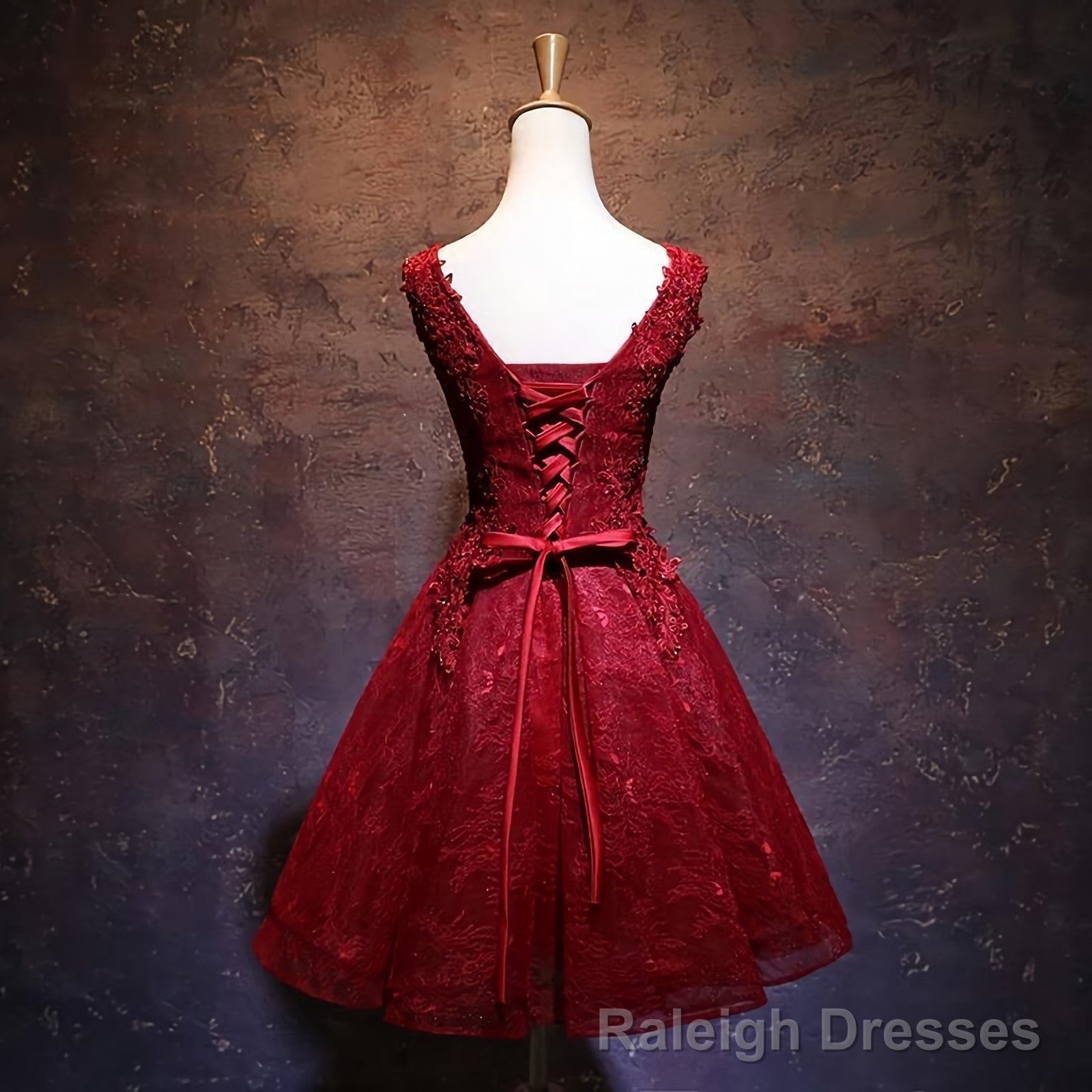 Wine Red Short Lace Cute Homecoming Dress, V Neckline Lace Up Teen Party Dress