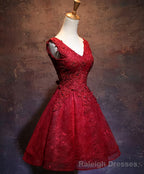 Wine Red Short Lace Cute Homecoming Dress, V Neckline Lace Up Teen Party Dress