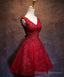 Wine Red Short Lace Cute Homecoming Dress, V Neckline Lace Up Teen Party Dress