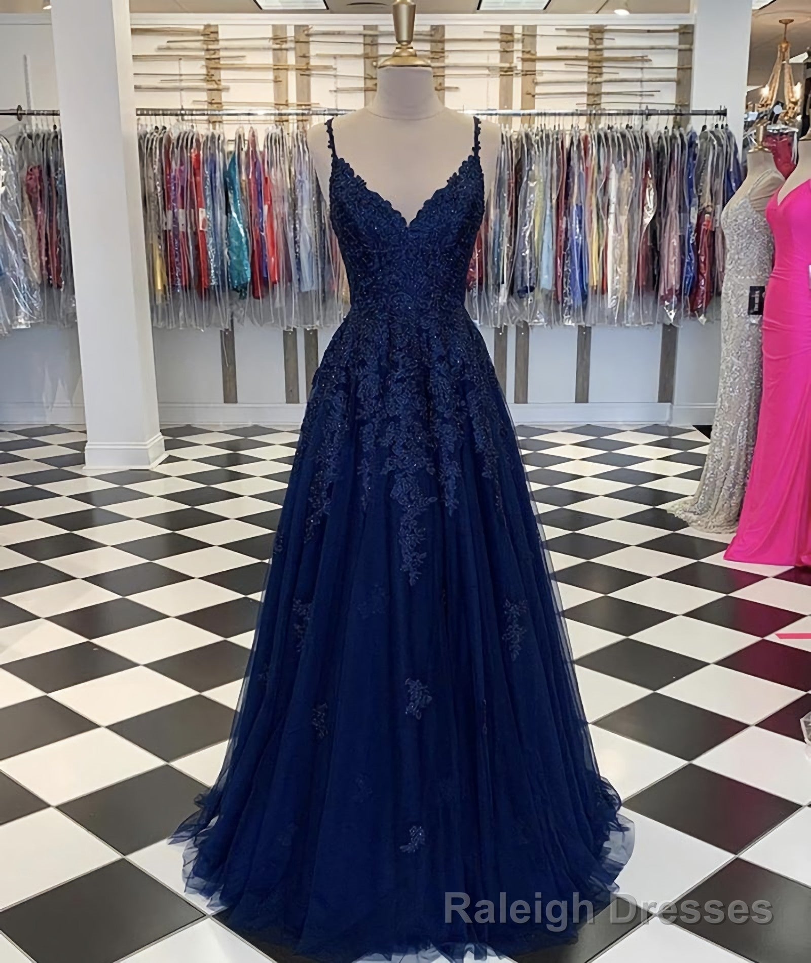 Blue V Neck Tulle Lace Long Prom Dress, Evening Dress