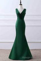Prom Dress, Green Matte Satin V Neck Mermaid Unique Design Prom Dress