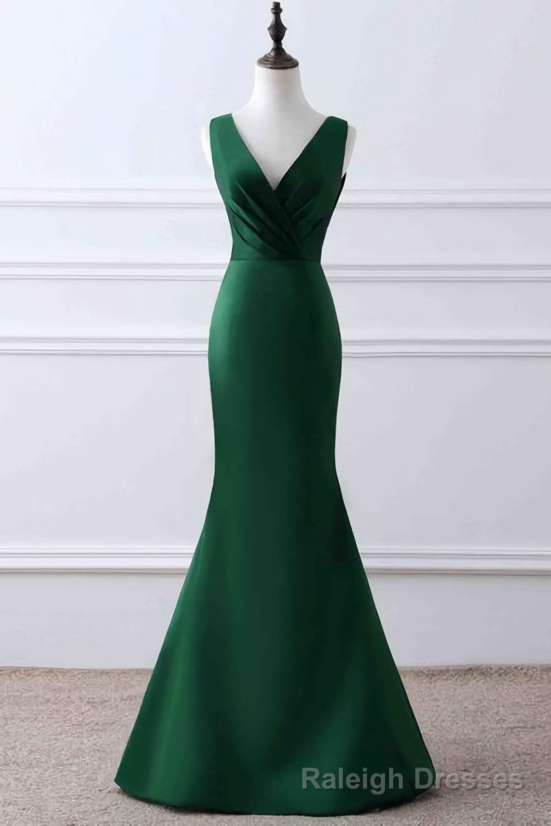 Prom Dress, Green Matte Satin V Neck Mermaid Unique Design Prom Dress