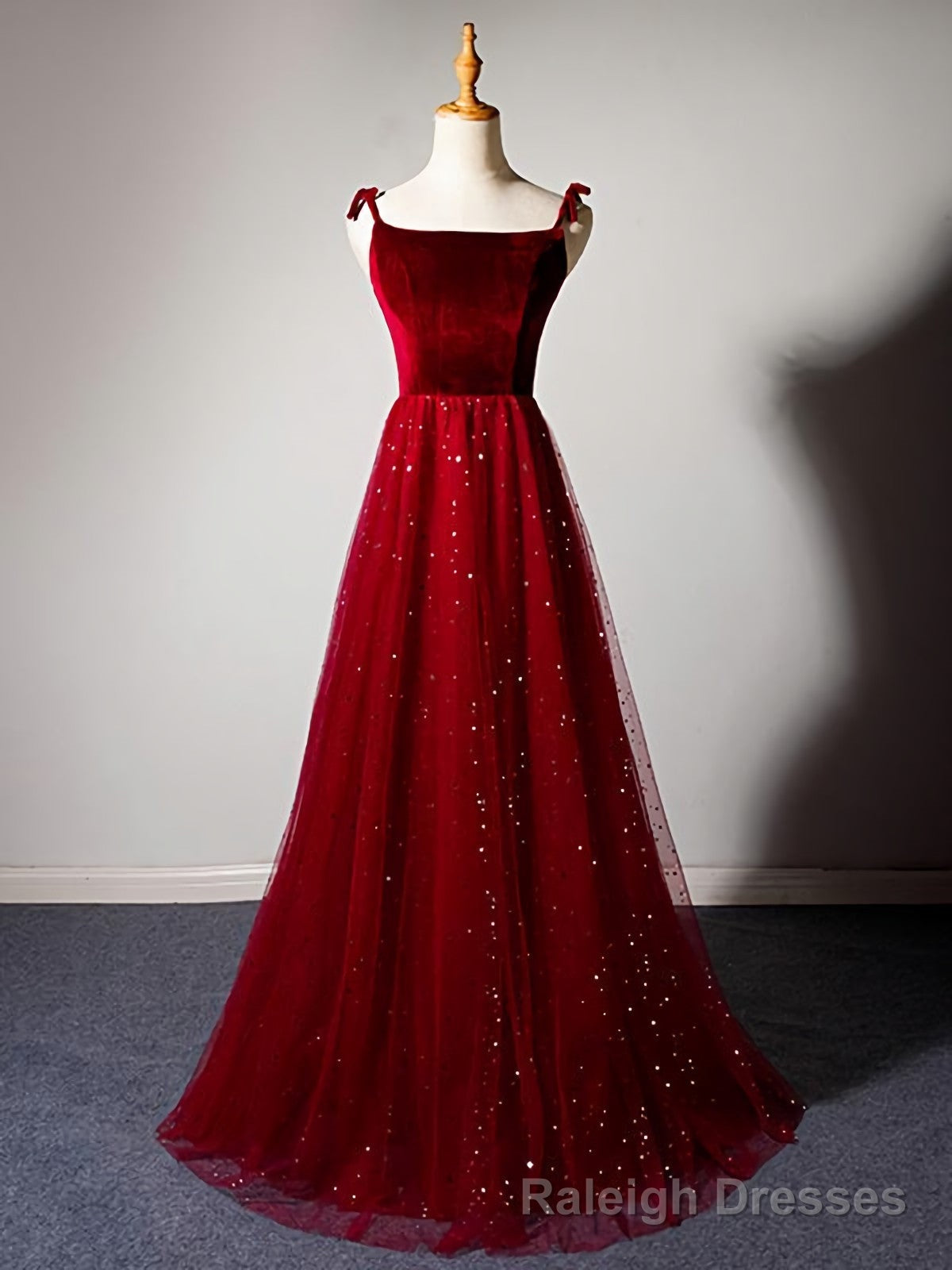 Sparkly Tulle Long Prom Dress, A Line Spaghetti Straps Burgundy Prom Evening Dress Secondary image