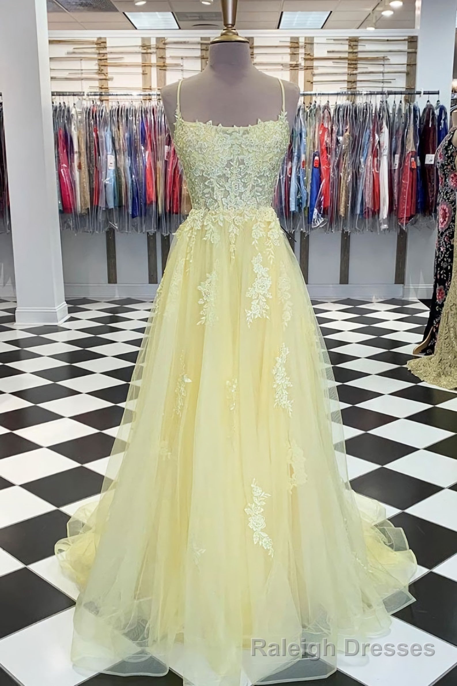Yellow Tulle Lace Long Prom Dress, Yellow Lace Formal Dress Main image