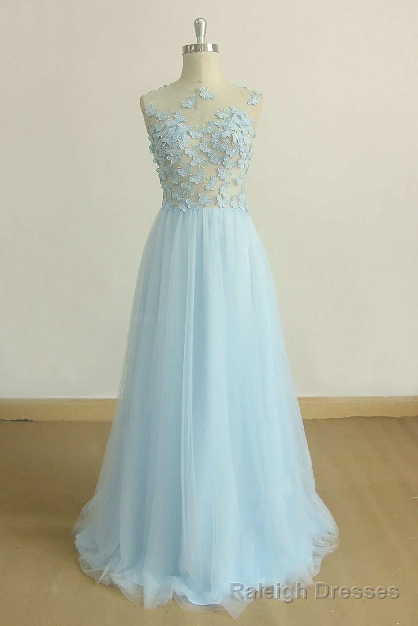 A Line Round Neck Baby Blue Lace Long Prom Dress, With Butterfly Main image