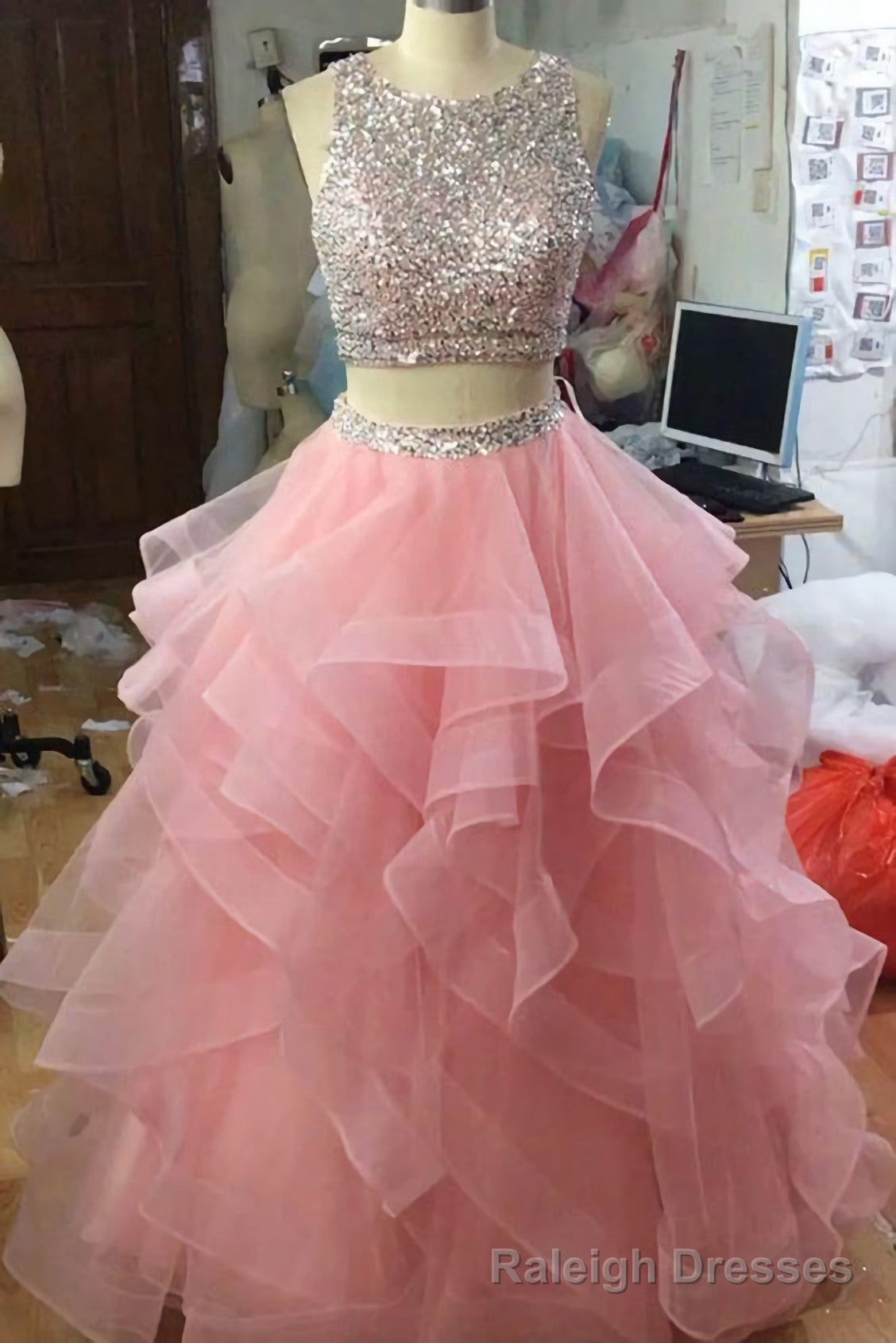 Jewel Neck Pink Party Dresses, Sequins And Beaded 2 Pieces Prom Dresses, Ruffle And Tiered Tulle Affordable Evening Dresses Main image
