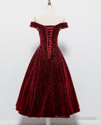 Beautiful Wine Red Tea Length Sweetheart Prom Dress, Velvet Bridesmaid Dress, Prom Dress