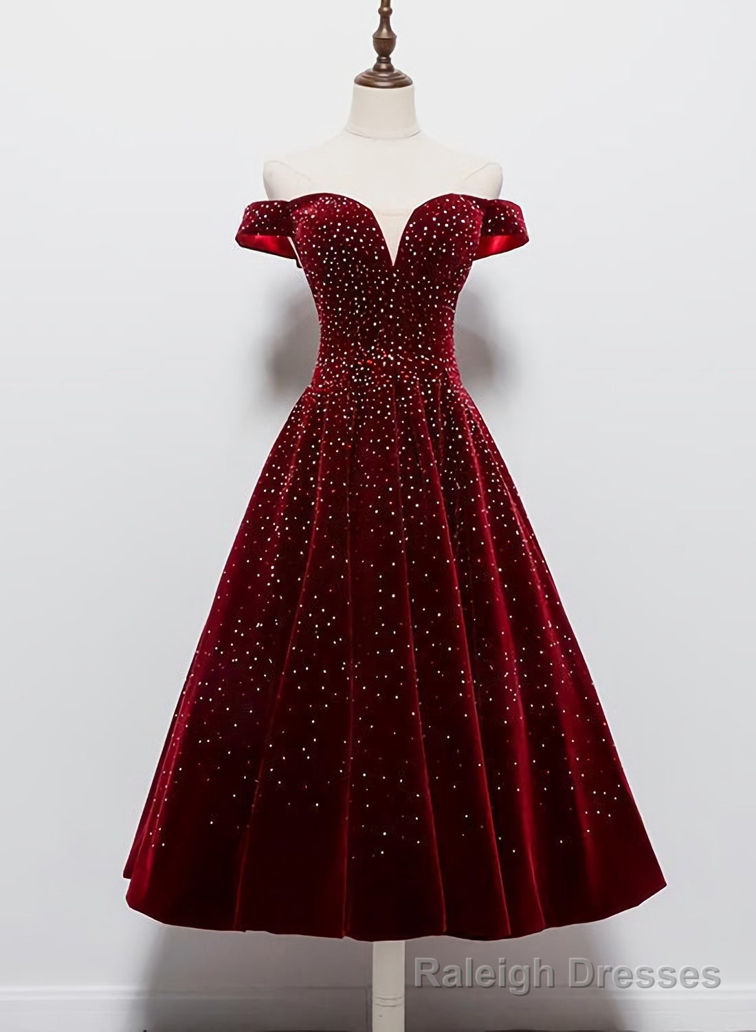 Beautiful Wine Red Tea Length Sweetheart Party Dress, Velvet Bridesmaid Dress, Prom Dress Main image