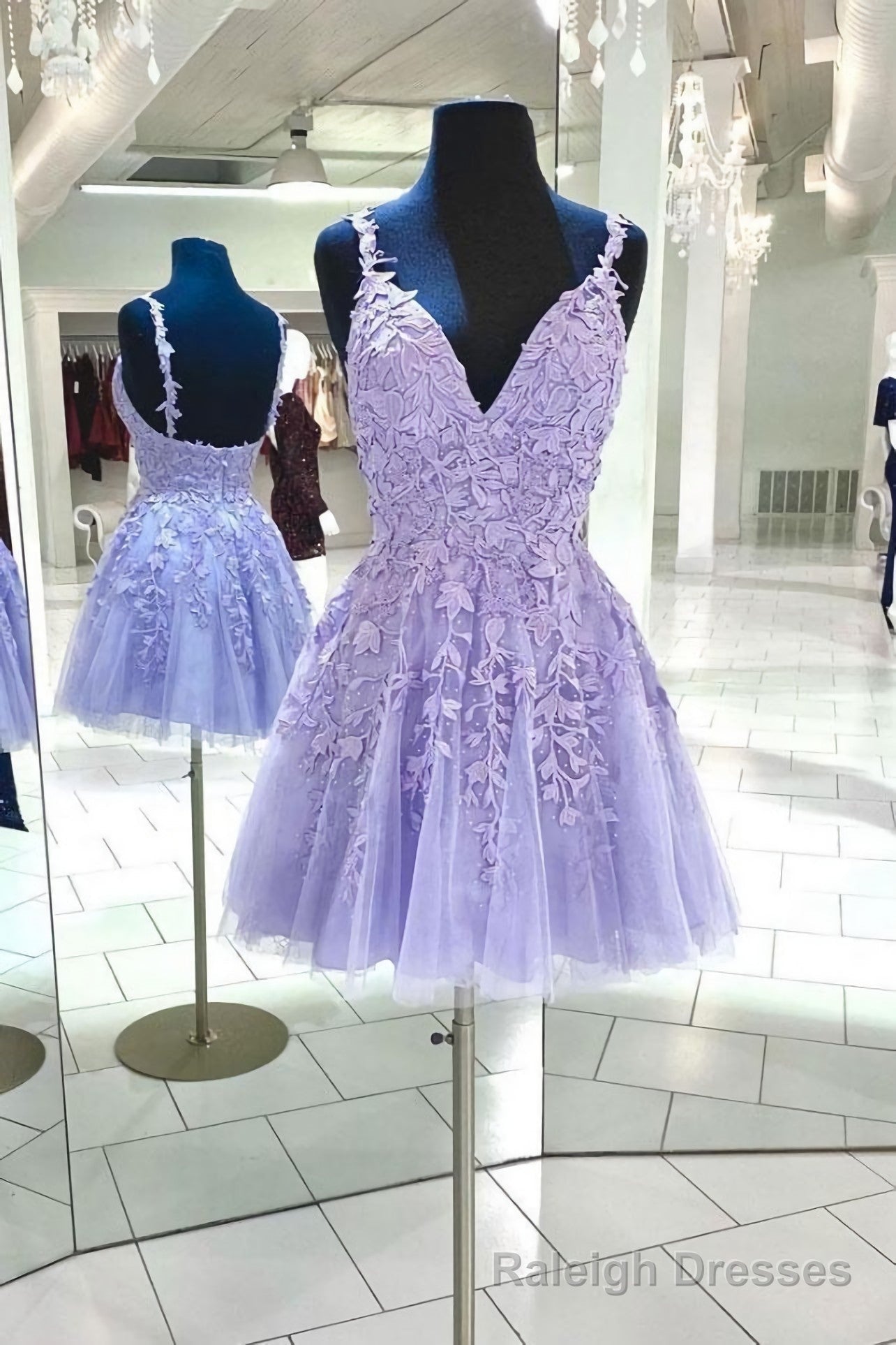 Purple V Neck Tulle Lace Short Homecoming Dress, Lace Cocktail Dress Main image