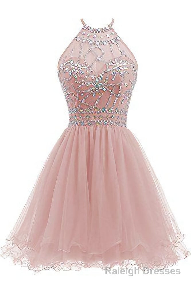 Beaded Halter Homecoming Dress, Short Tulle Dress