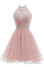 Beaded Halter Homecoming Dress, Short Tulle Dress