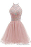 Beaded Halter Homecoming Dress, Short Tulle Dress