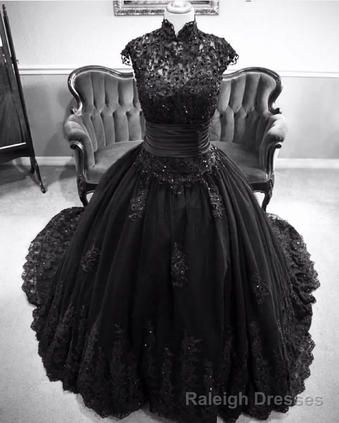 Halter Black Prom Dress, Cap Sleeve Applique Long Ball Gown Main image