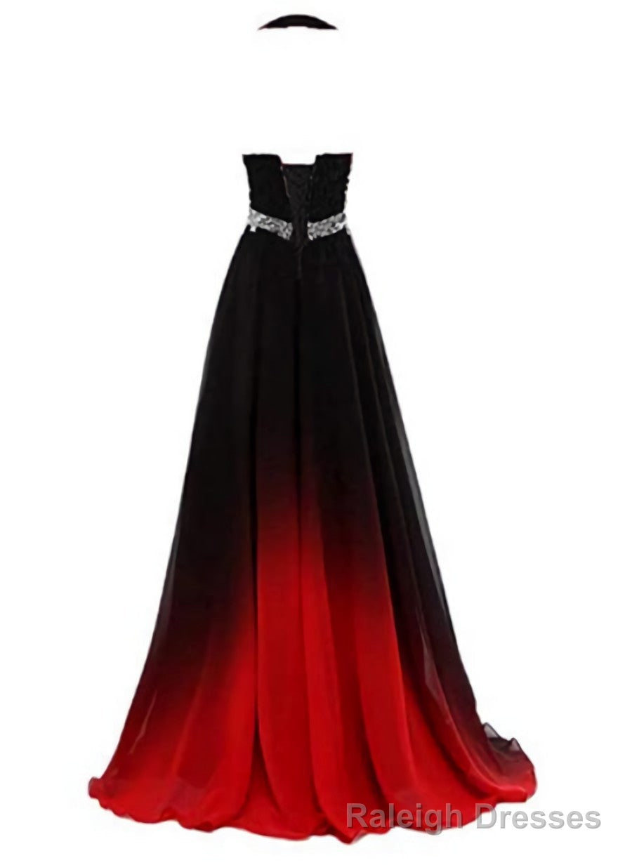 Beautiful Gradient Color Halter Beaded Prom Dress, Red And Black Prom Dress Main image