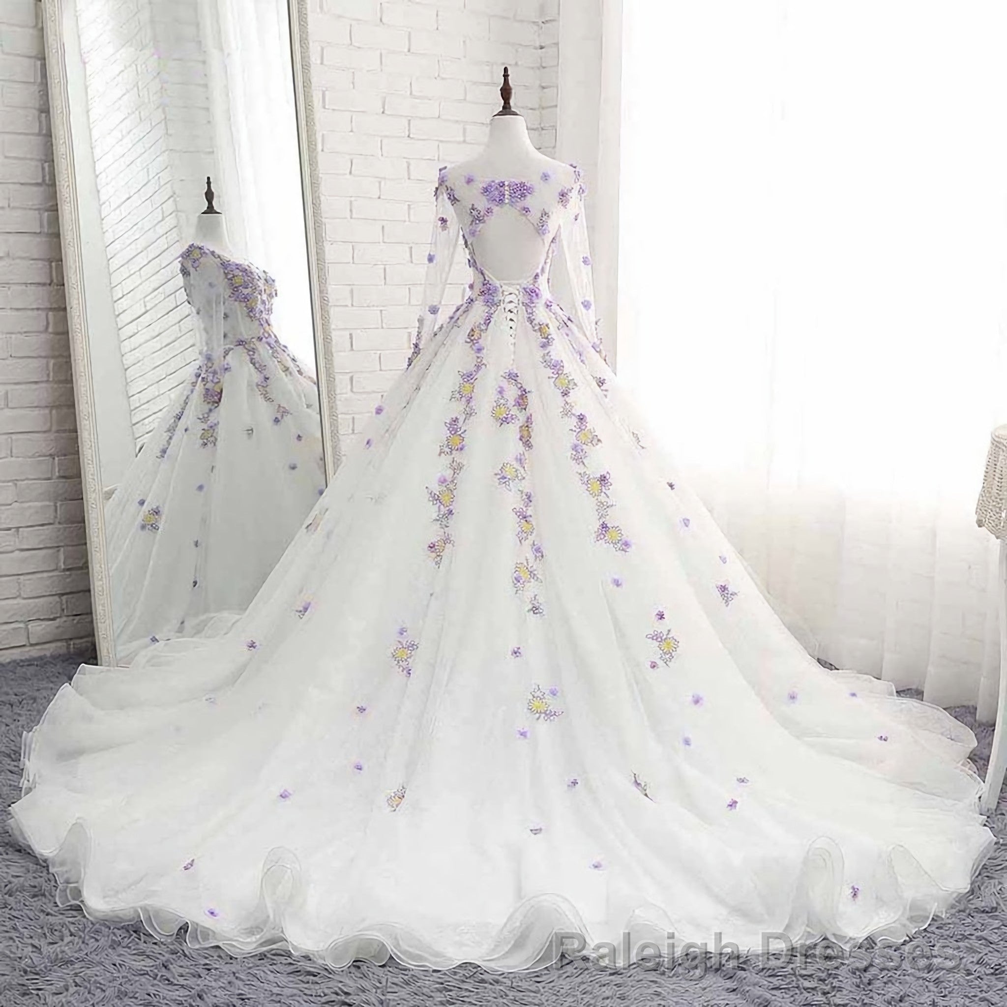 White Tulle Ruffles Long 3D Flower Lace Applique Prom Dress, Quinceanera Dress, With Sleeve Main image