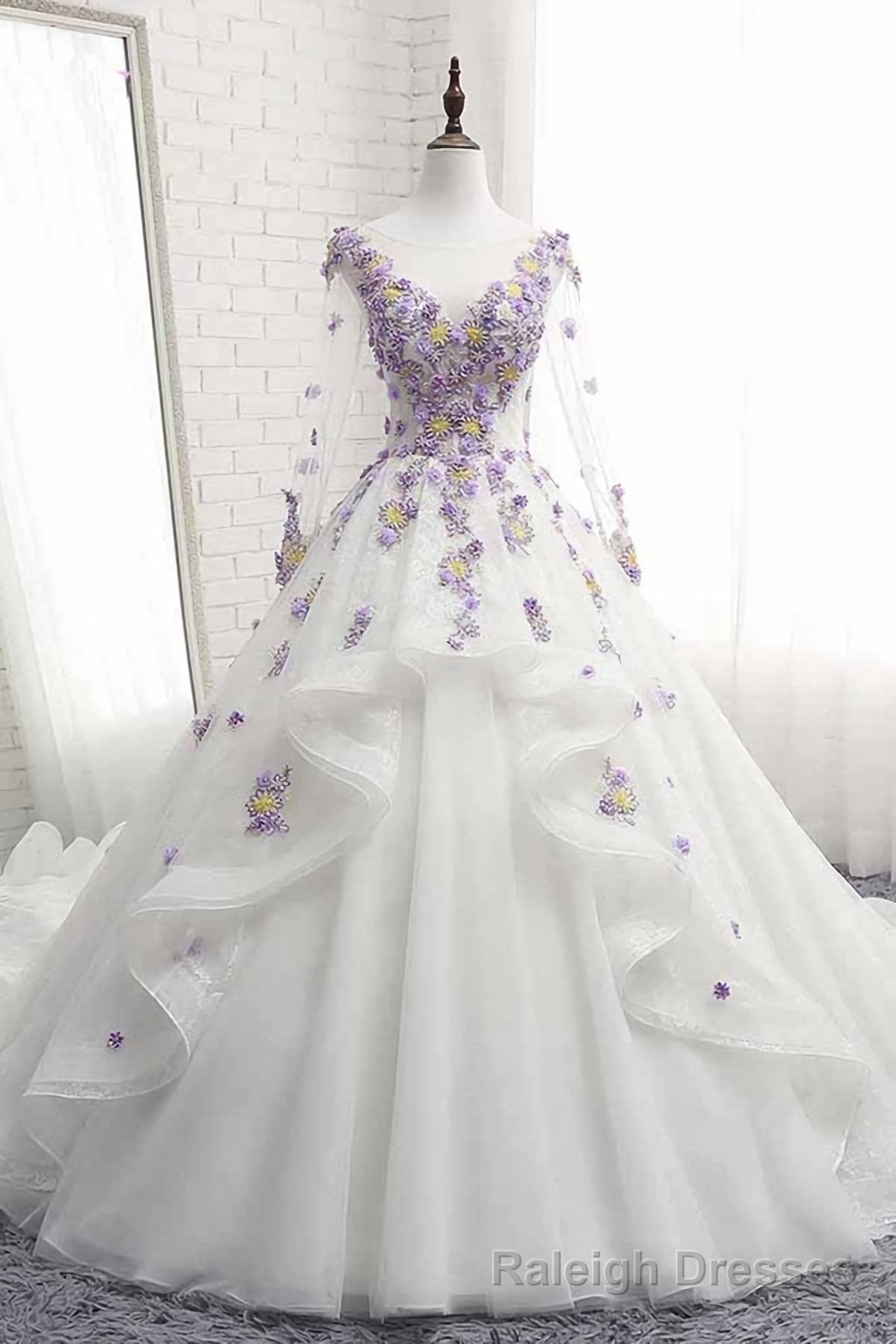 White Tulle Ruffles Long 3D Flower Lace Applique Prom Dress, Quinceanera Dress, With Sleeve Secondary image