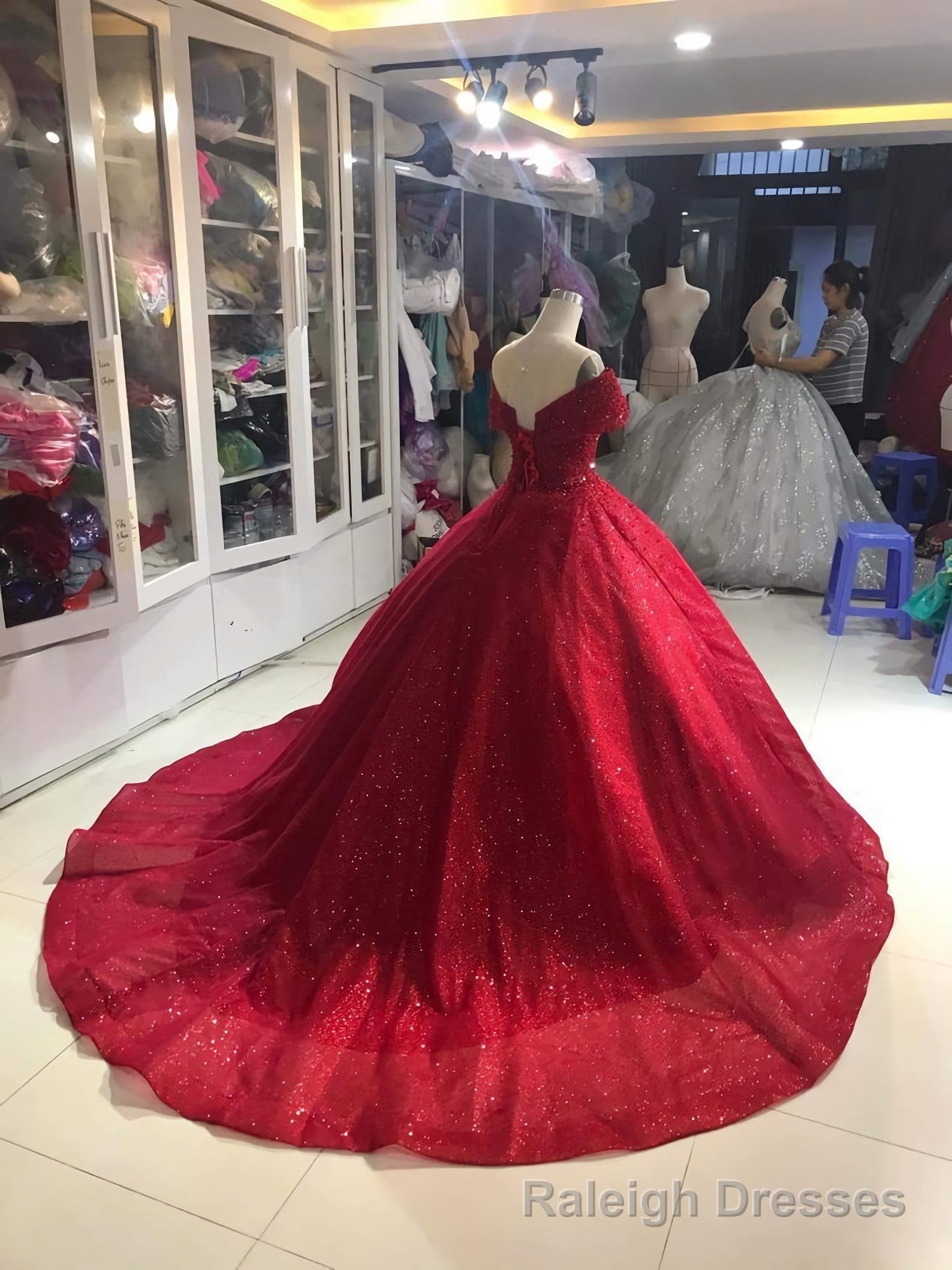 Off Shoulder Dress, Off Shoulder Red Dress, Red Glitter Fabric Red Ballgown Dress, Prom Dress Main image