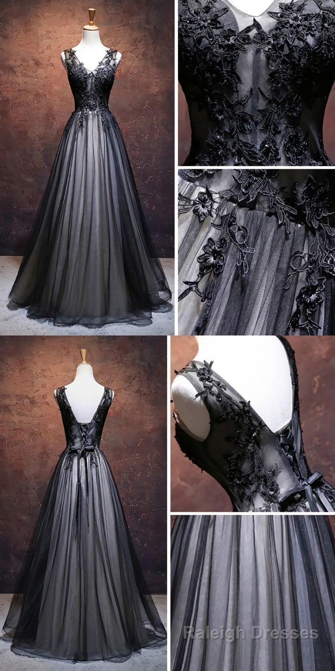 Chic A Line V Neck Floor Length Tulle Black Applique Long Prom Dress, Evening Dress Main image