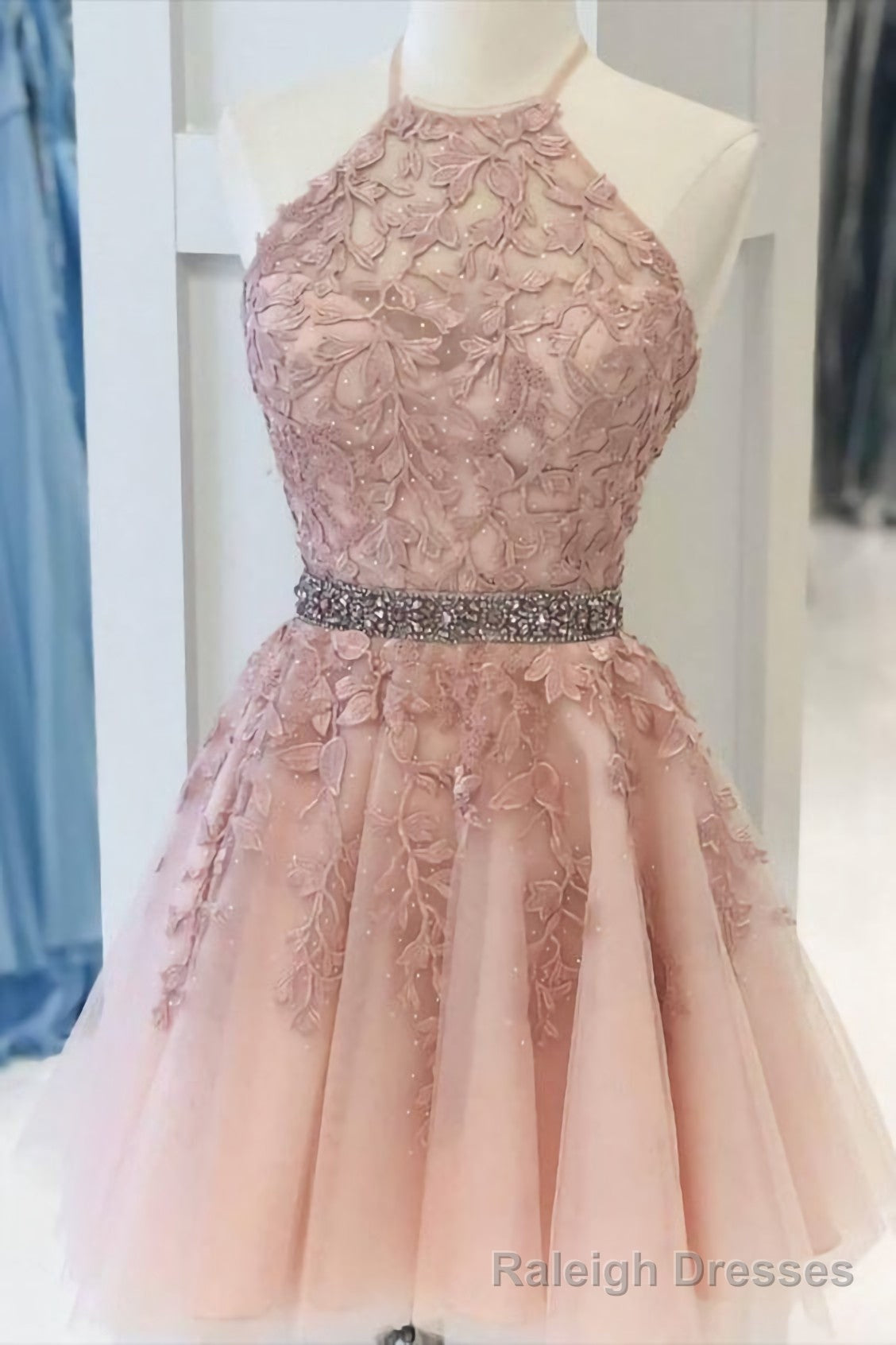 Pink Halter Appliqued Homecoming Dress, With Beading Belt Main image