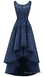 New Arrive Long Formal Prom Dress, Navy Blue Lace Beaded Wedding Party Dresses, High Low Bridesmaid Gowns Formal