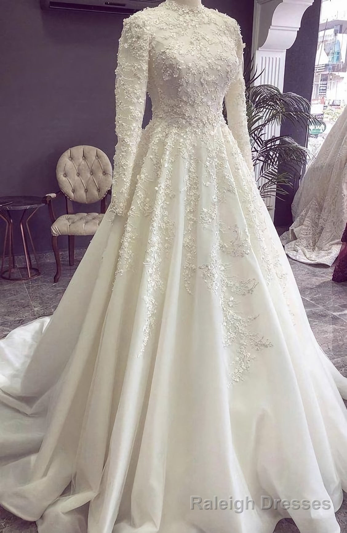 Ball Gown White Lace Wedding Dresses, Elegant Bridal Gown Prom Dress