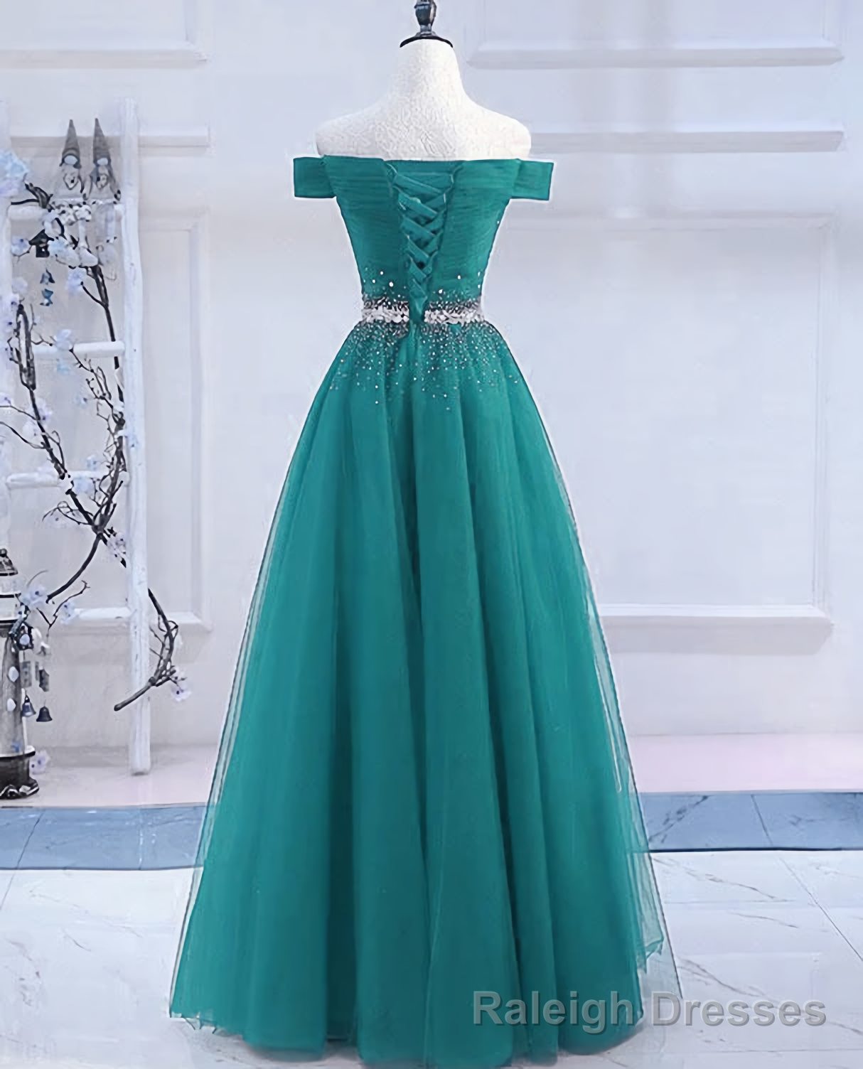 Pretty Hunter Green Off Shoulder Beaded Prom Dress, Long Evening Dress, Party Dress Main image