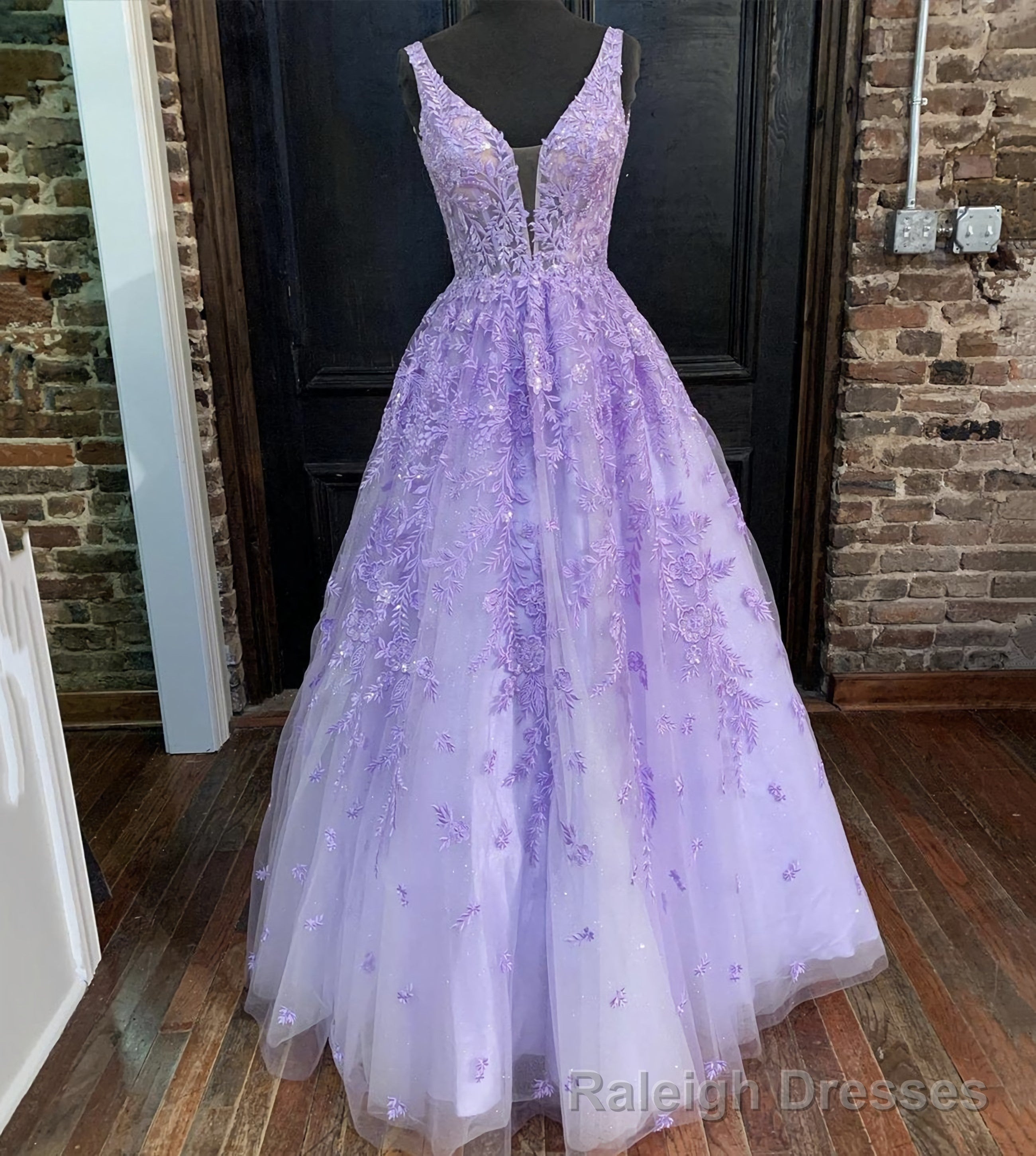 Purple Lace Long A Line Prom Dress, Evening Dress Main image