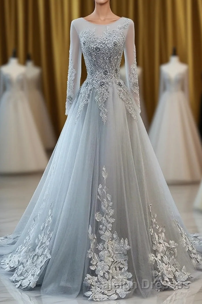 Grey Long Sleeves V Neckline Tulle Prom Dress, A Line Floor Length Party Dress Main image