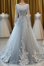 Grey Long Sleeves V Neckline Tulle Prom Dress, A Line Floor Length Party Dress