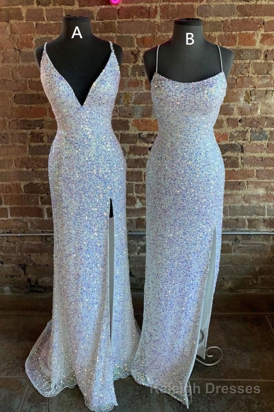 Gorgeous Mermaid White Sequined Long Prom Dresses, Formal Dresses, With Side Slit Main image
