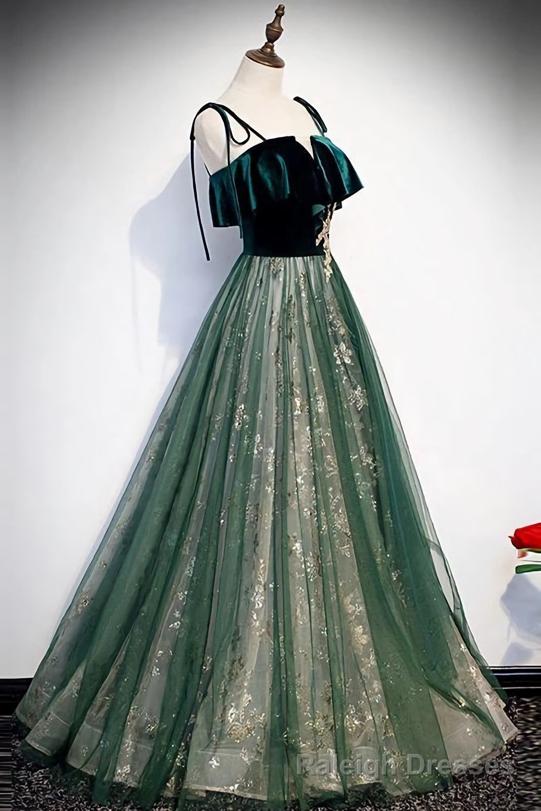 Spaghetti Straps Tulle Lace Green Prom Dress, Floor Length Lace Up Formal Dress Main image