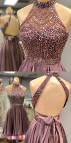 Halter Beaded Open Back Short Homecoming Dress 2026 Custom Made